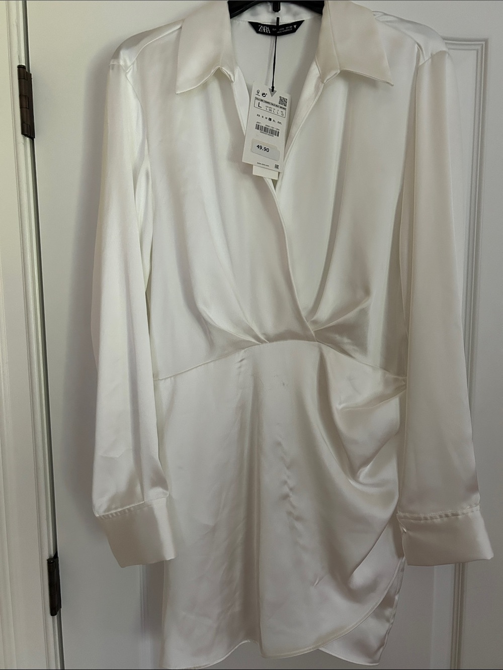 Zara Cream Satin Wrap-Front Long Sleeve Chemise